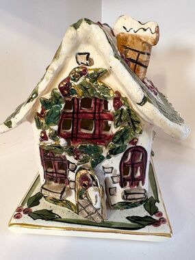 Blue Sky Clayworks Hand-Painted Holiday Ceramic Cottage Figurine Tea light House
